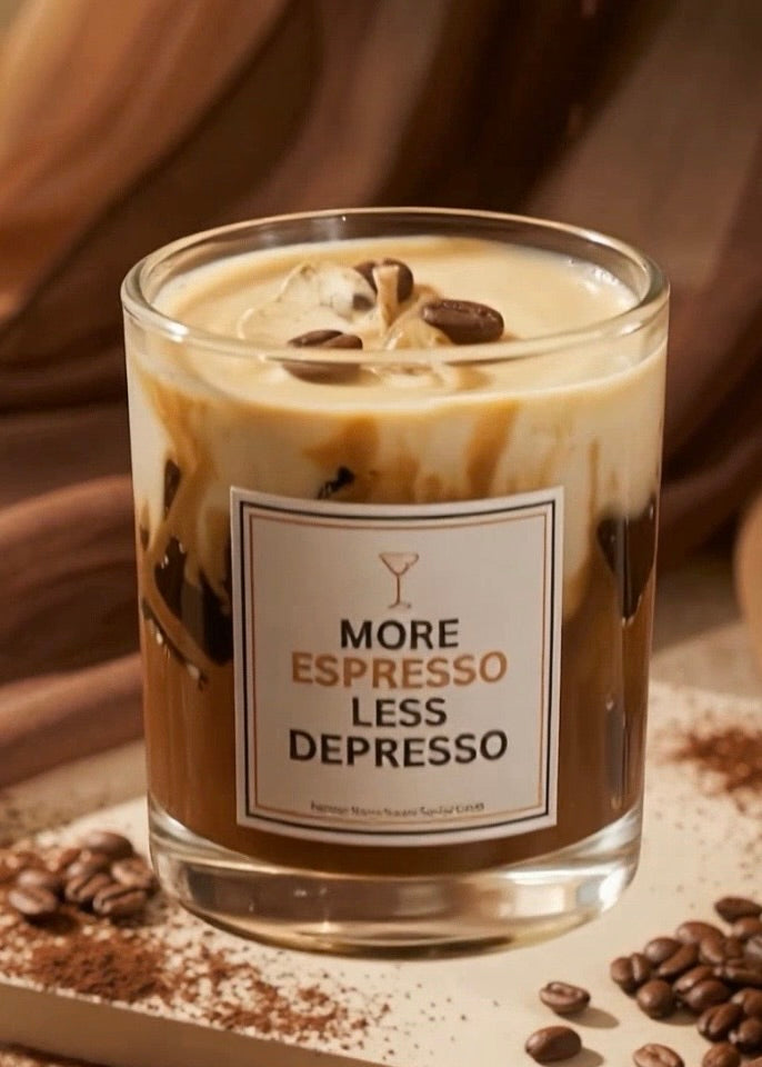 Candle labeled 'More Espresso Less Depresso' with coffee beans on a wooden surface.
