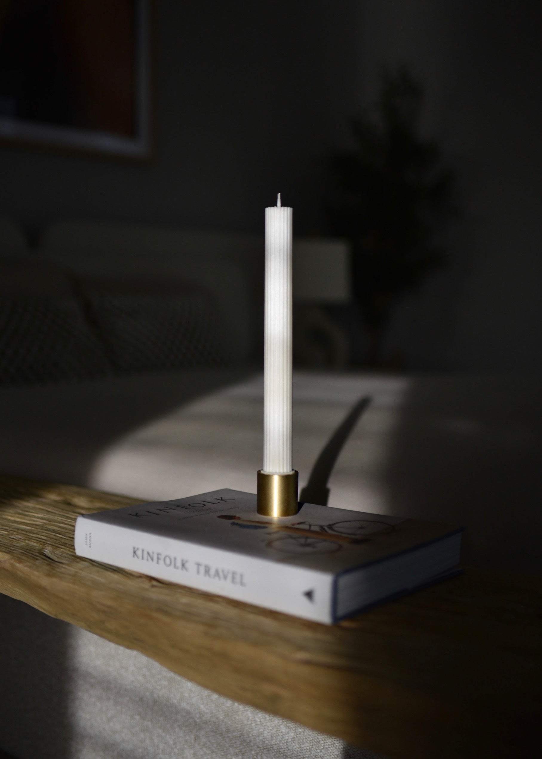 Pebble brass candle holder and tall fluted candle set